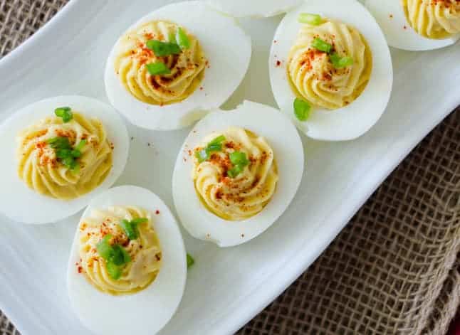 Close up overhead view of deviled eggs