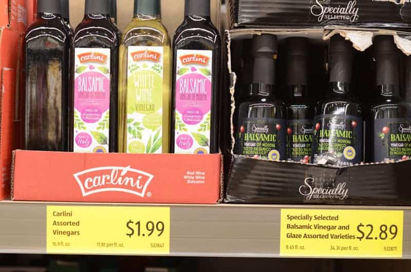 bottles of balsamic vinegar on shelf at Aldi