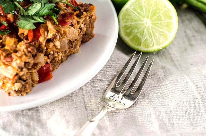 plate of casserole with fork that reads eat clean