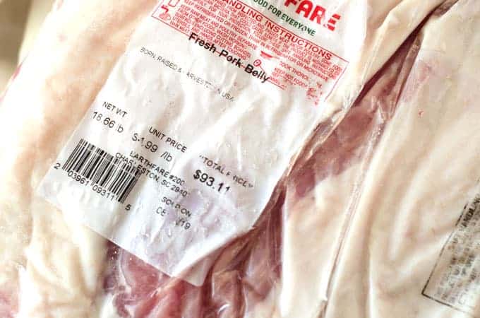 close up of pork belly label on package of meat